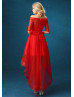 Off Shoulder Red Polka Dots Tulle High Low Evening Dress